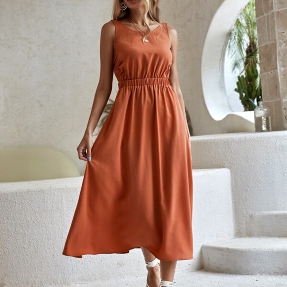 Boho Burnt Orange Open Back Midi Dress Minimalist - Picture 3 of 5